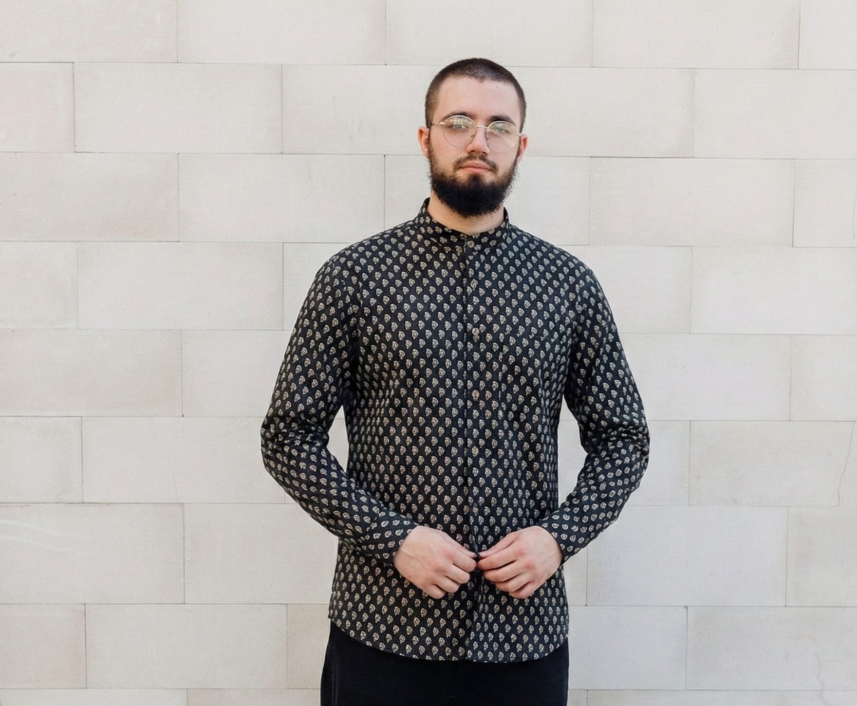 Man 022-2 Man Kurta - Shirt Grey Mandarin Collar White Leaves