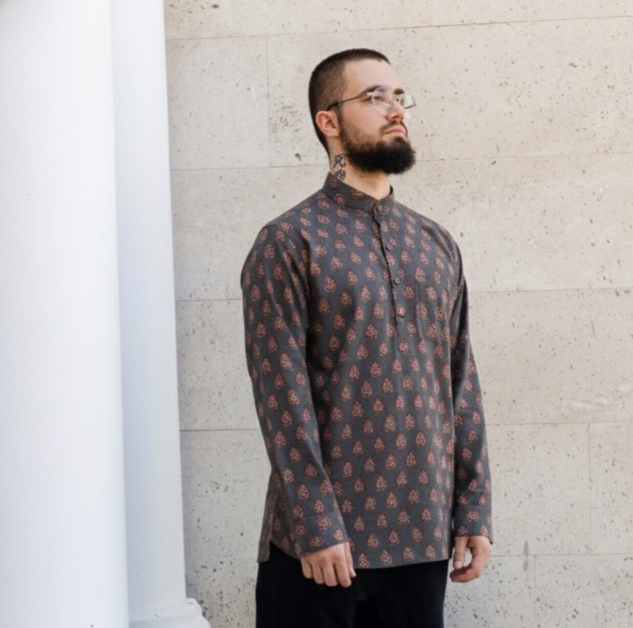 photo-output Man Kurta - Shirt Brown Mandarin Collar Button Print