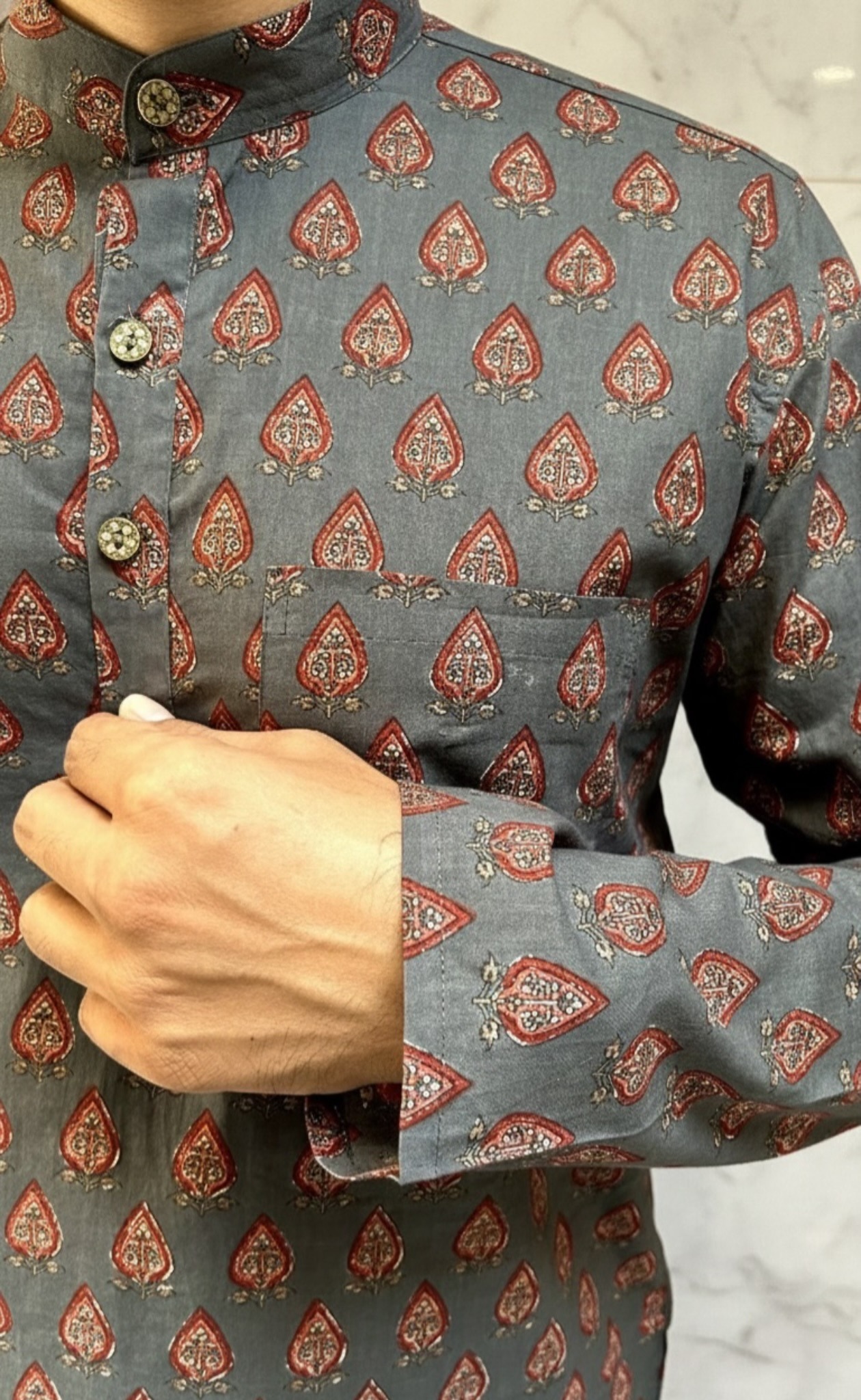 photo-output Man Kurta - Shirt Brown Mandarin Collar Button Print - Image 3