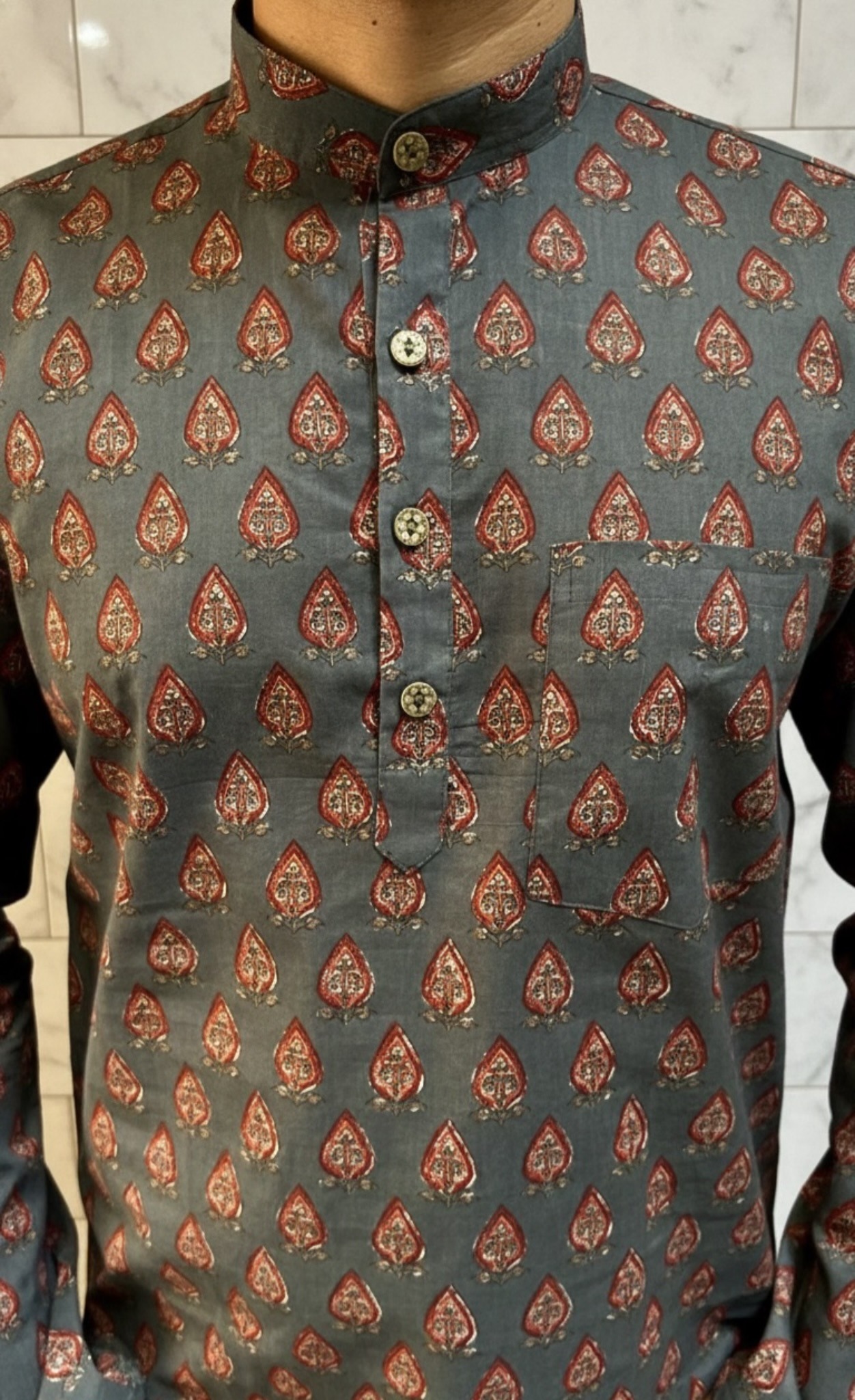 photo-output Man Kurta - Shirt Brown Mandarin Collar Button Print - Image 4