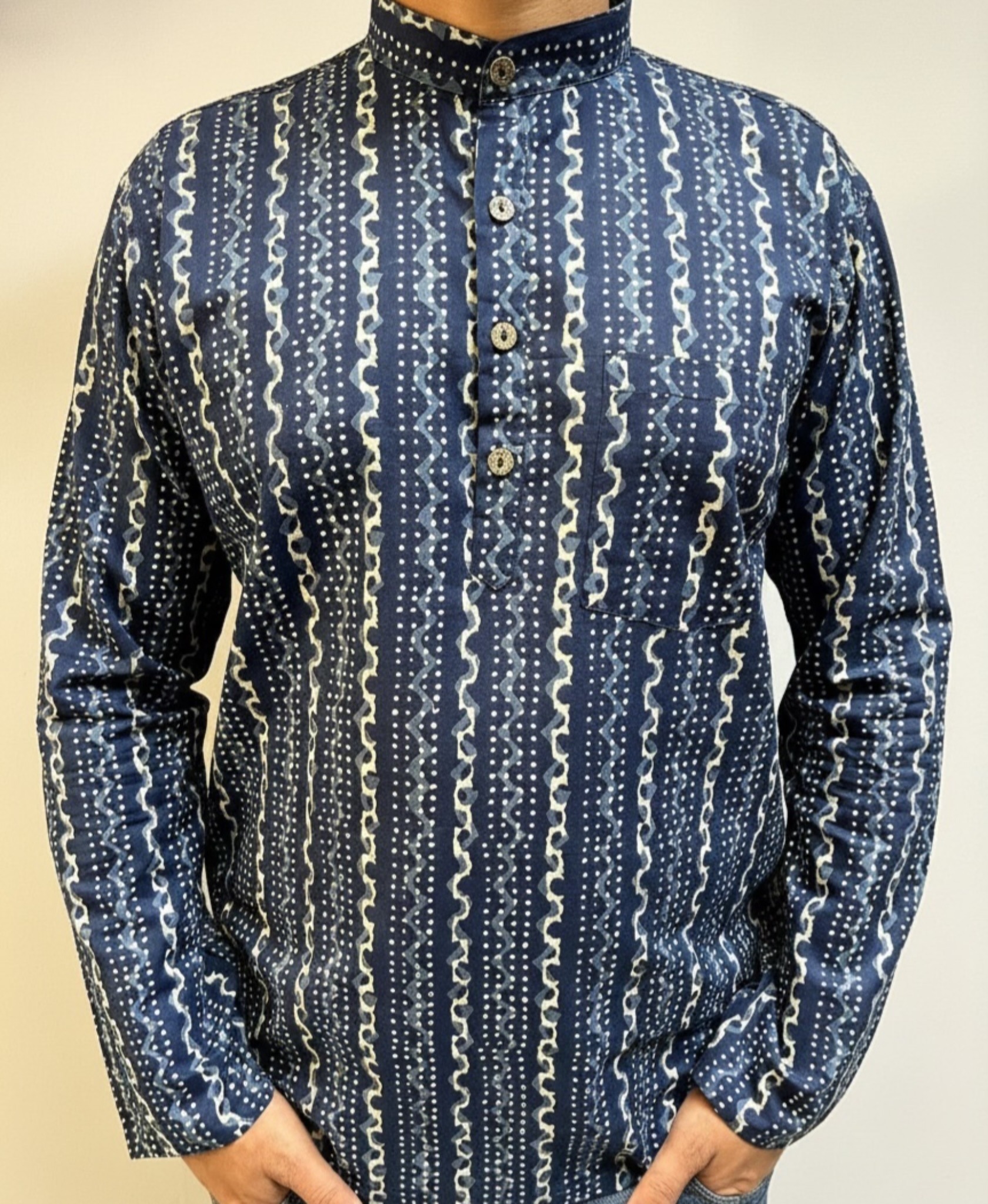 photo-output Man Kurta - Shirt Blue Mandarin Collar Geometric Print - Image 2