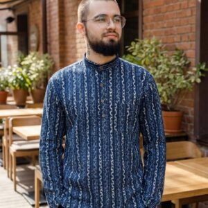 Man Kurta - Shirt Blue Mandarin Collar Geometric Print