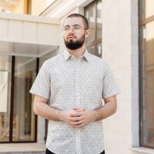 Man Shirt Off White Half Sleeves Grey Leaf Print