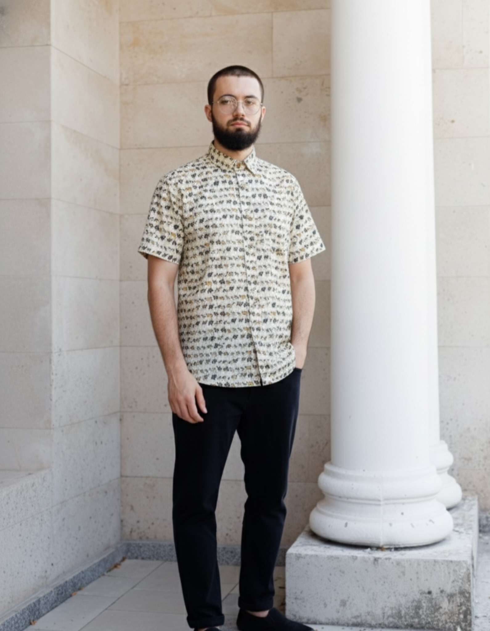 photo-output Man Shirt Half Sleeves White Camel Print