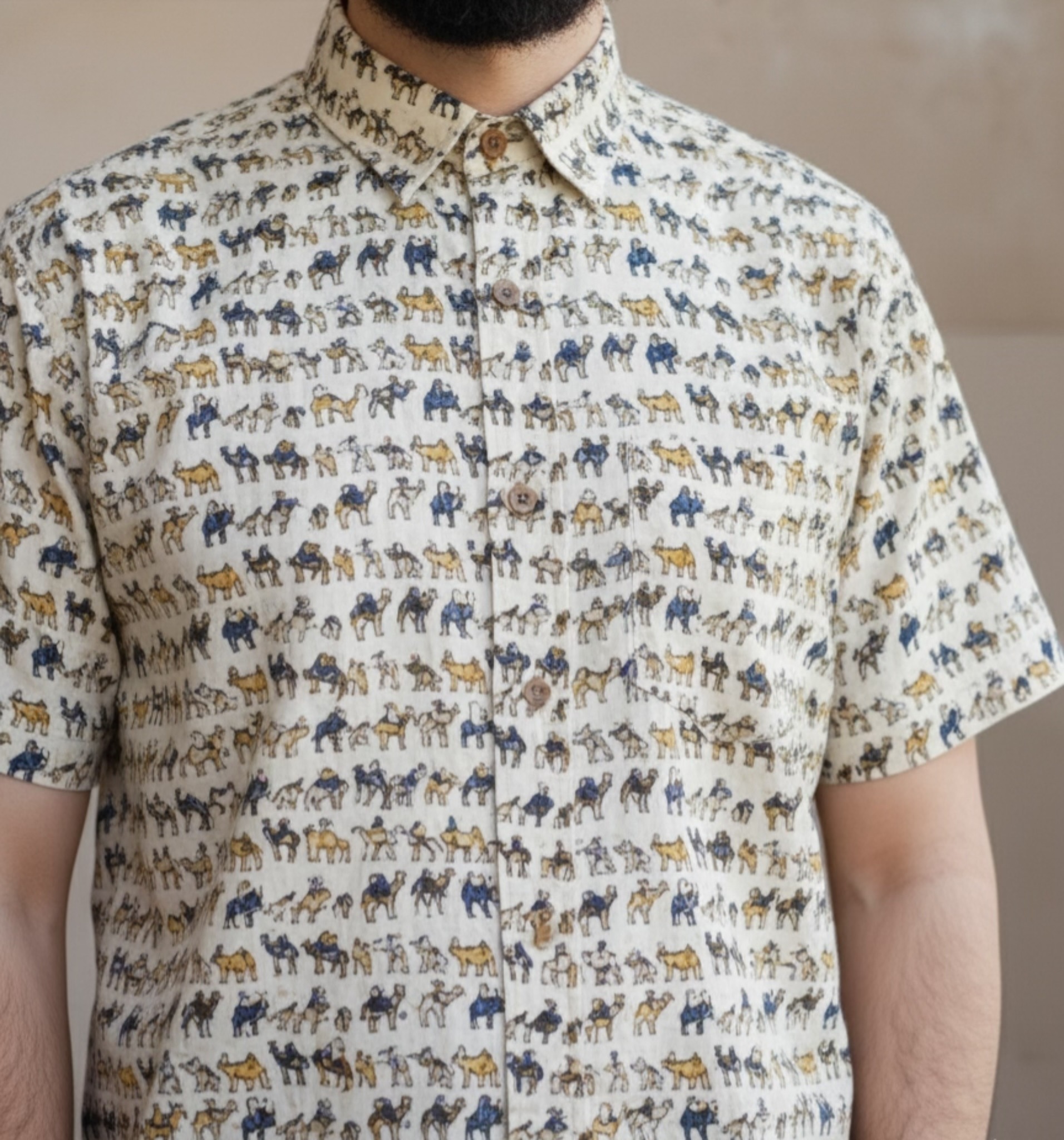 photo-output Man Shirt Half Sleeves White Camel Print - Image 3
