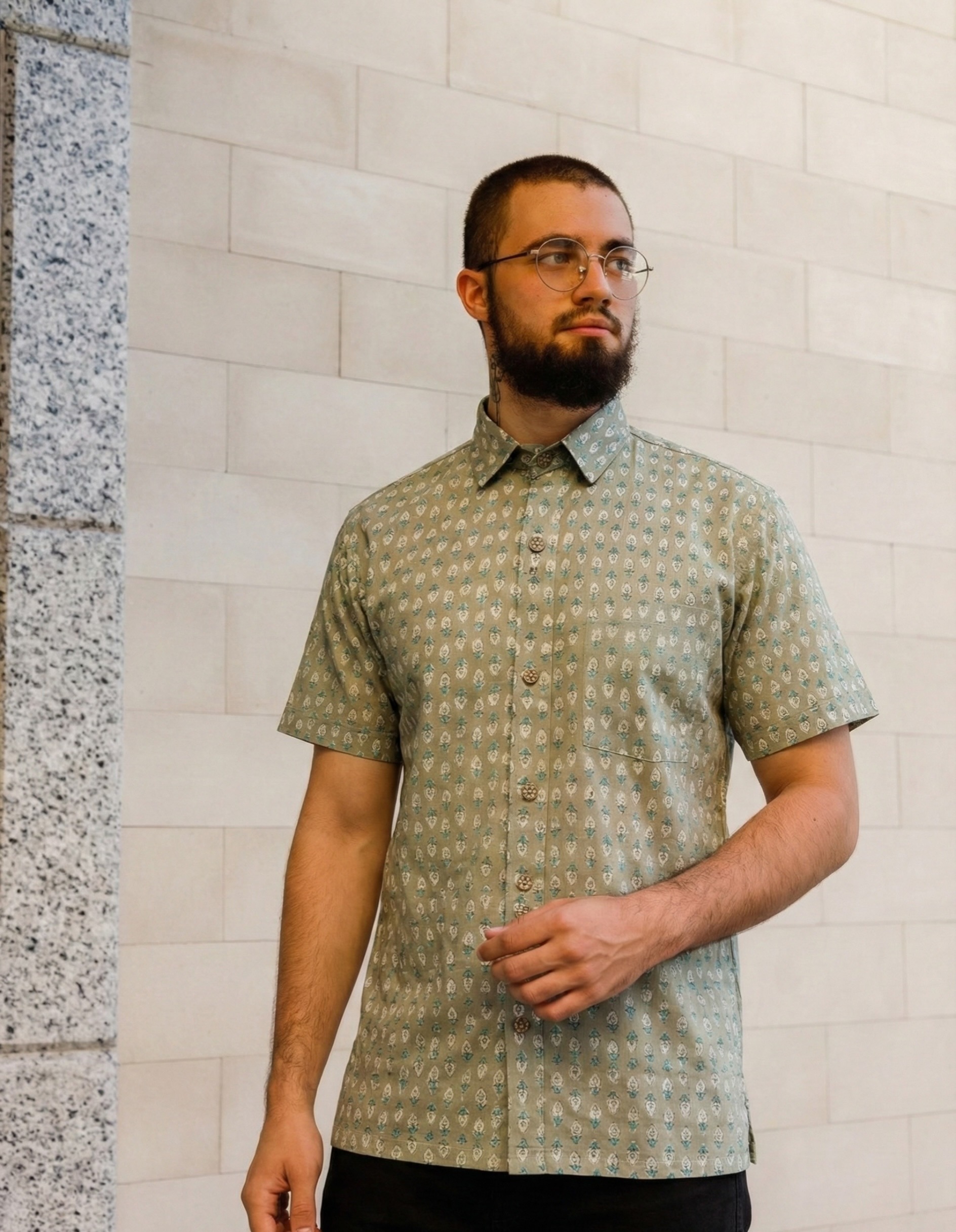 photo-output Man Shirt Green Half Sleeves Flower Print