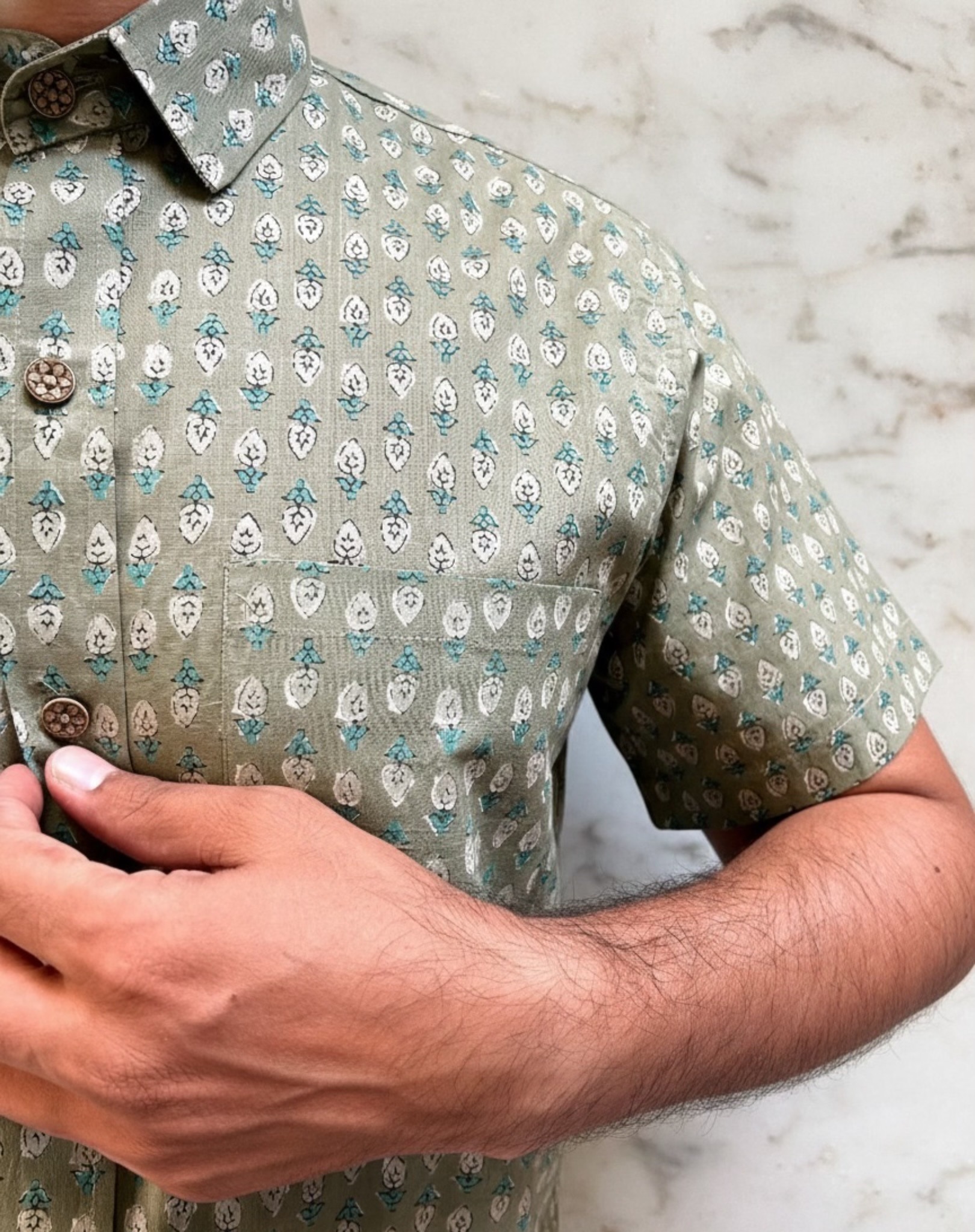 photo-output Man Shirt Green Half Sleeves Flower Print - Image 3