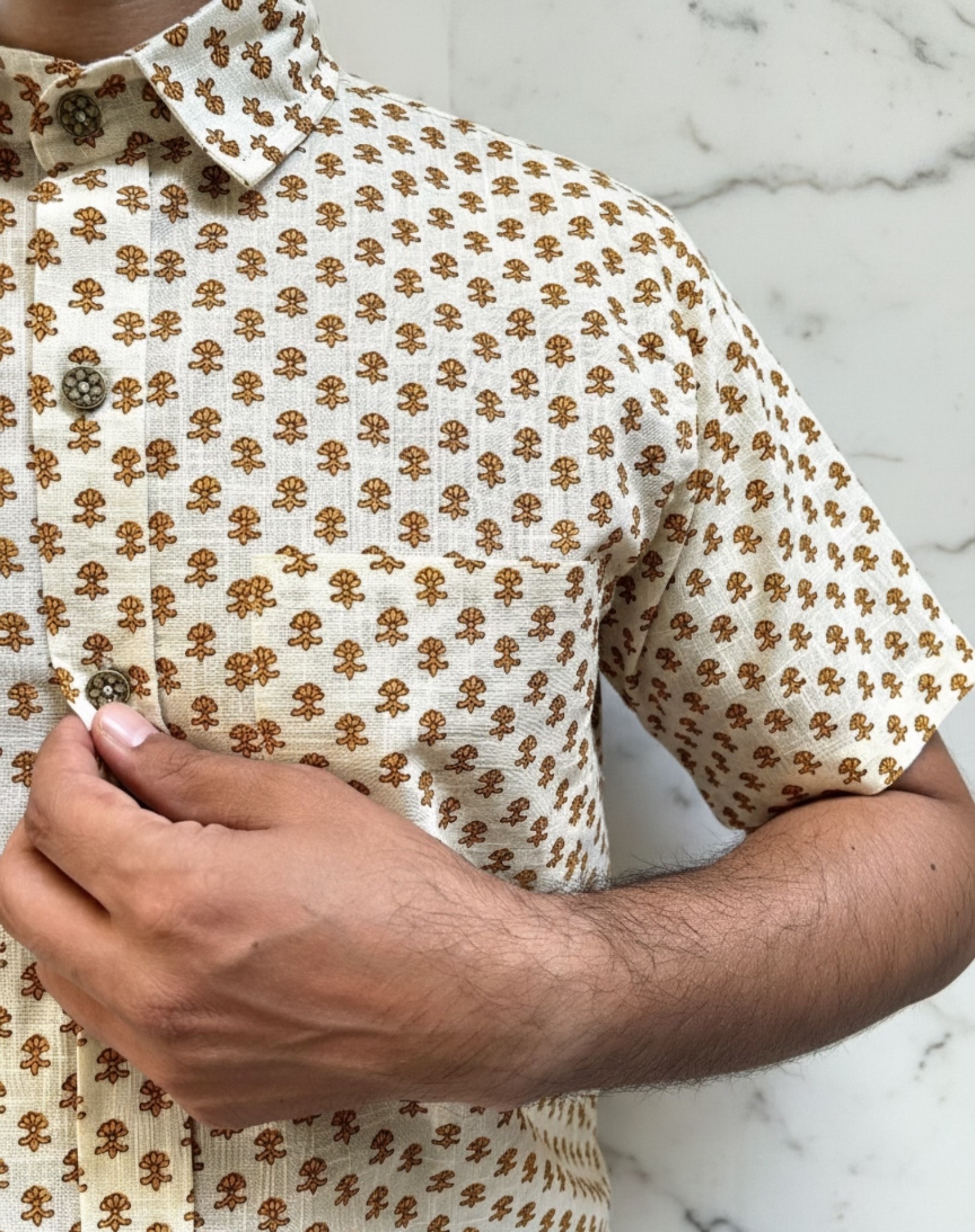 photo-output Man Shirt OFF White Half Sleeves Yellow Flower Print - Image 2