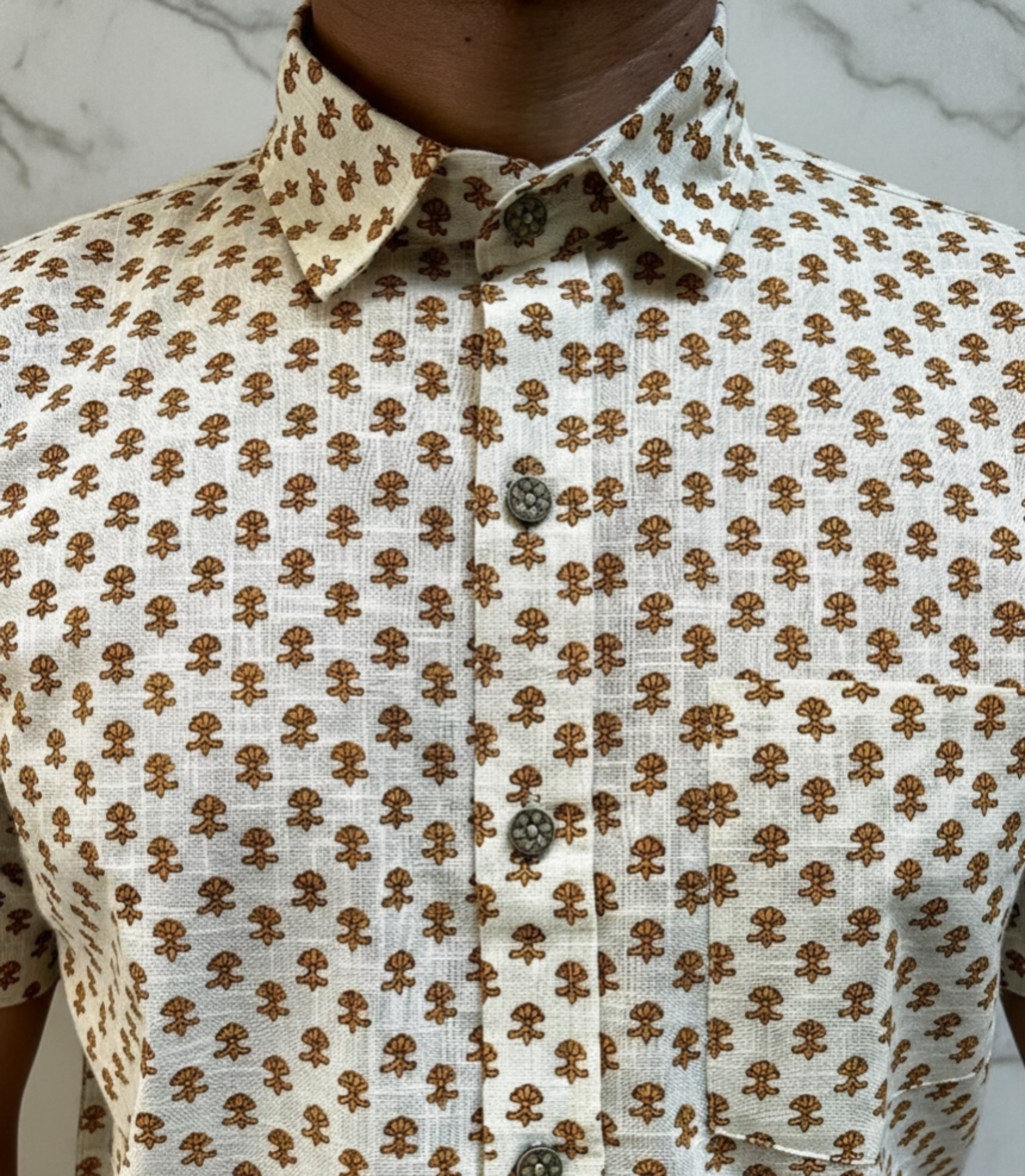 photo-output Man Shirt OFF White Half Sleeves Yellow Flower Print - Image 4