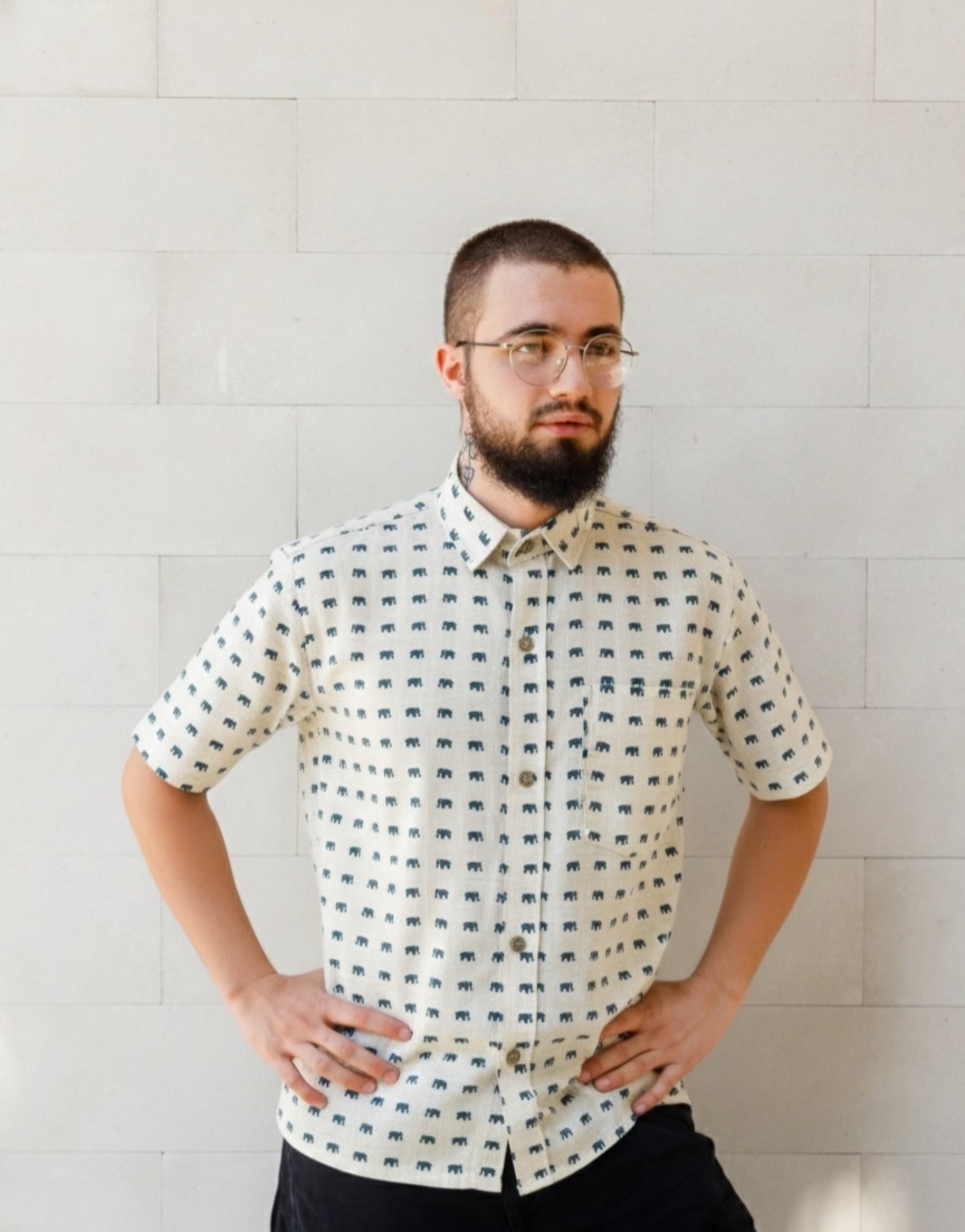 photo-output Man Shirt Off White Half Sleeves Elephant Print