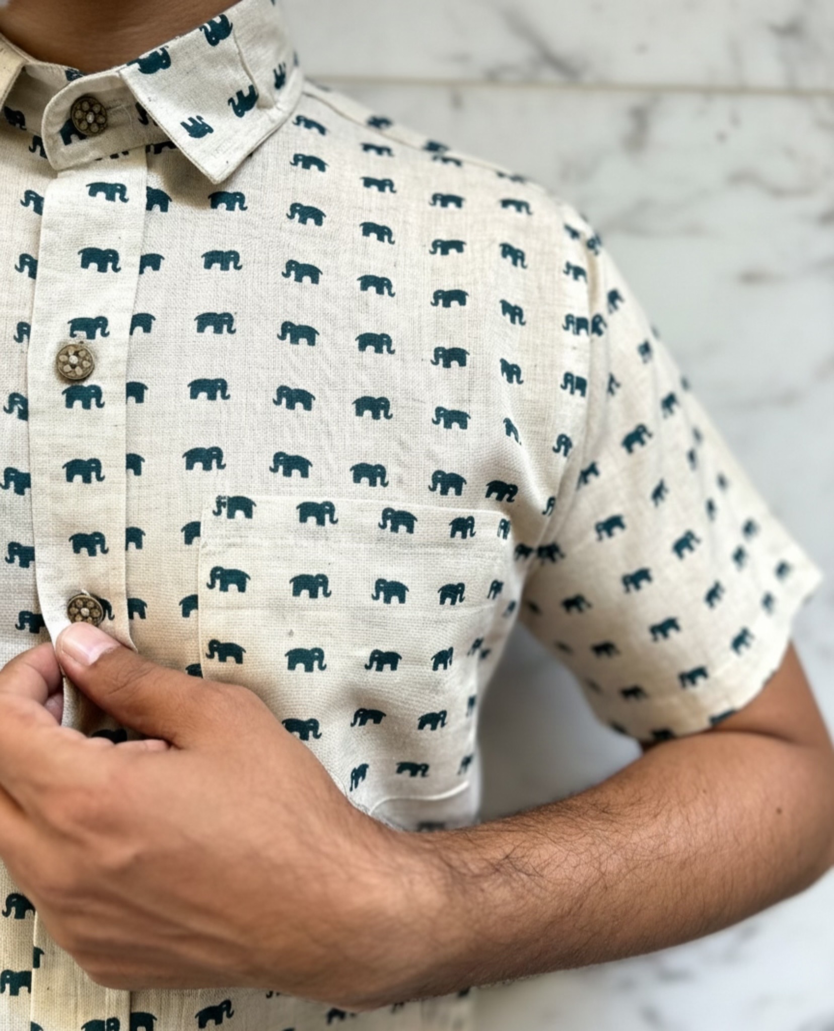 photo-output Man Shirt Off White Half Sleeves Elephant Print - Image 3