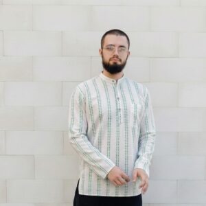 Man Shirt Off White Mandarin Collar Green Dots Print