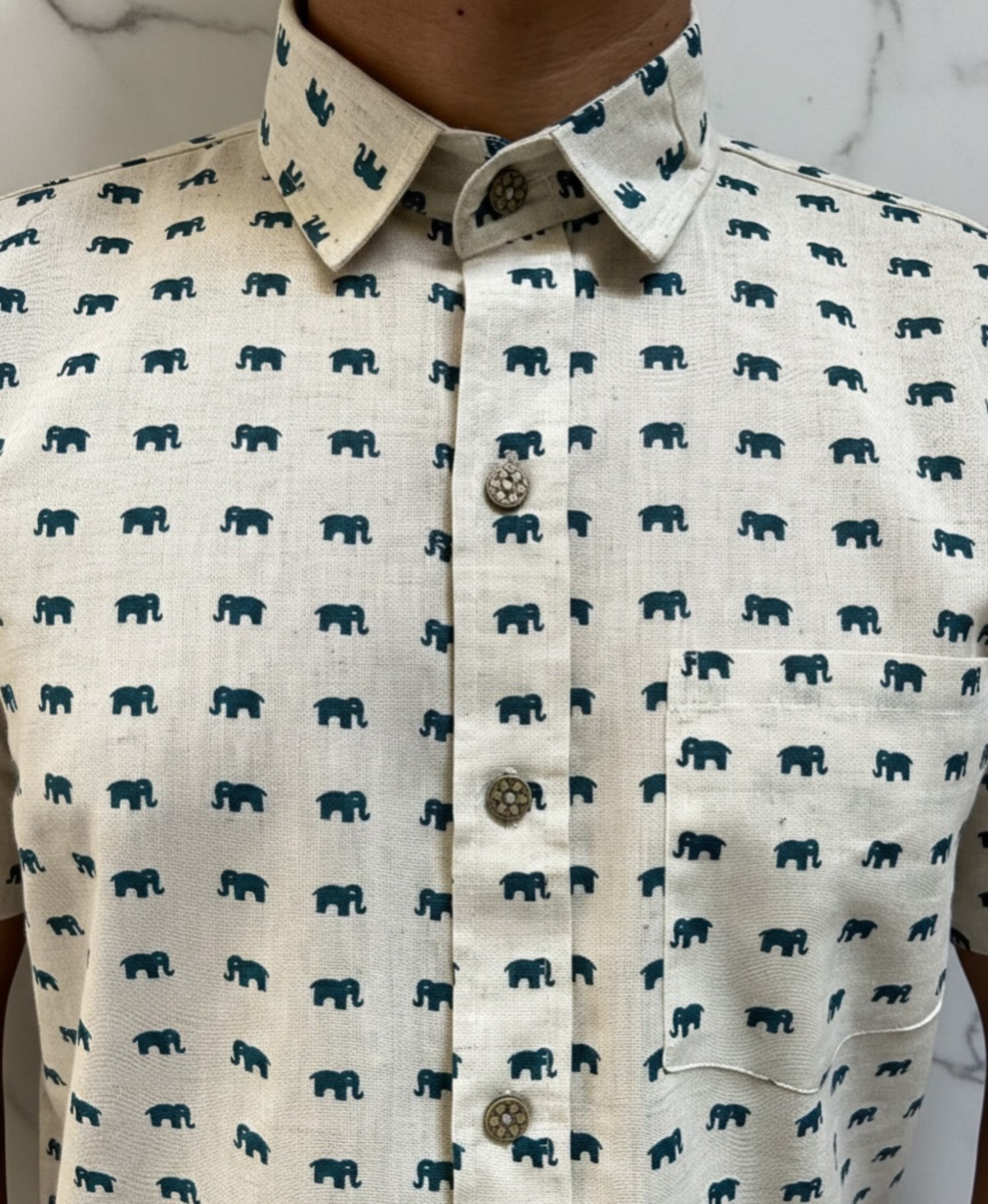 photo-output Man Shirt Off White Half Sleeves Elephant Print - Image 4