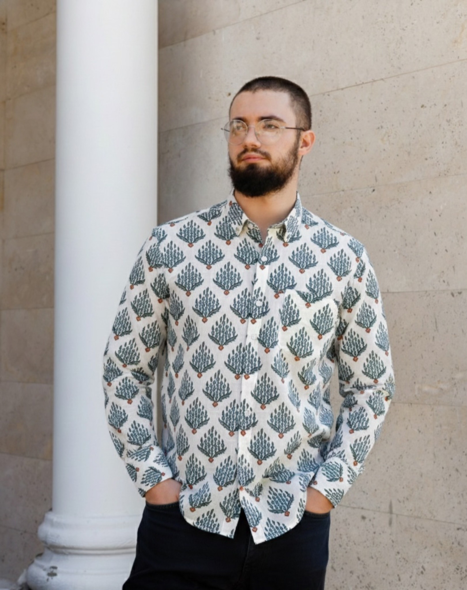 photo-output Man Shirt White Full Sleeves Fern Print