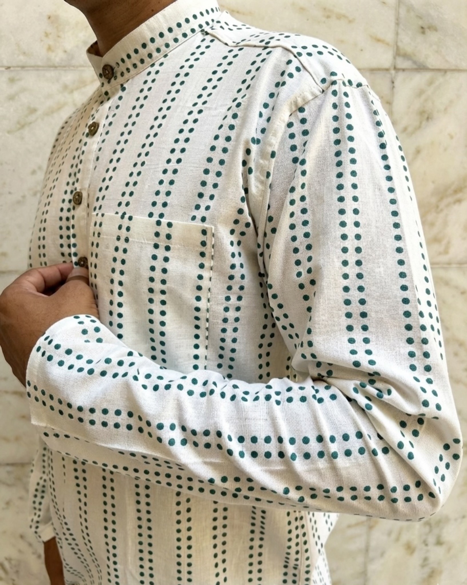 photo-output Man Shirt Off White Mandarin Collar Green Dots Print - Image 3