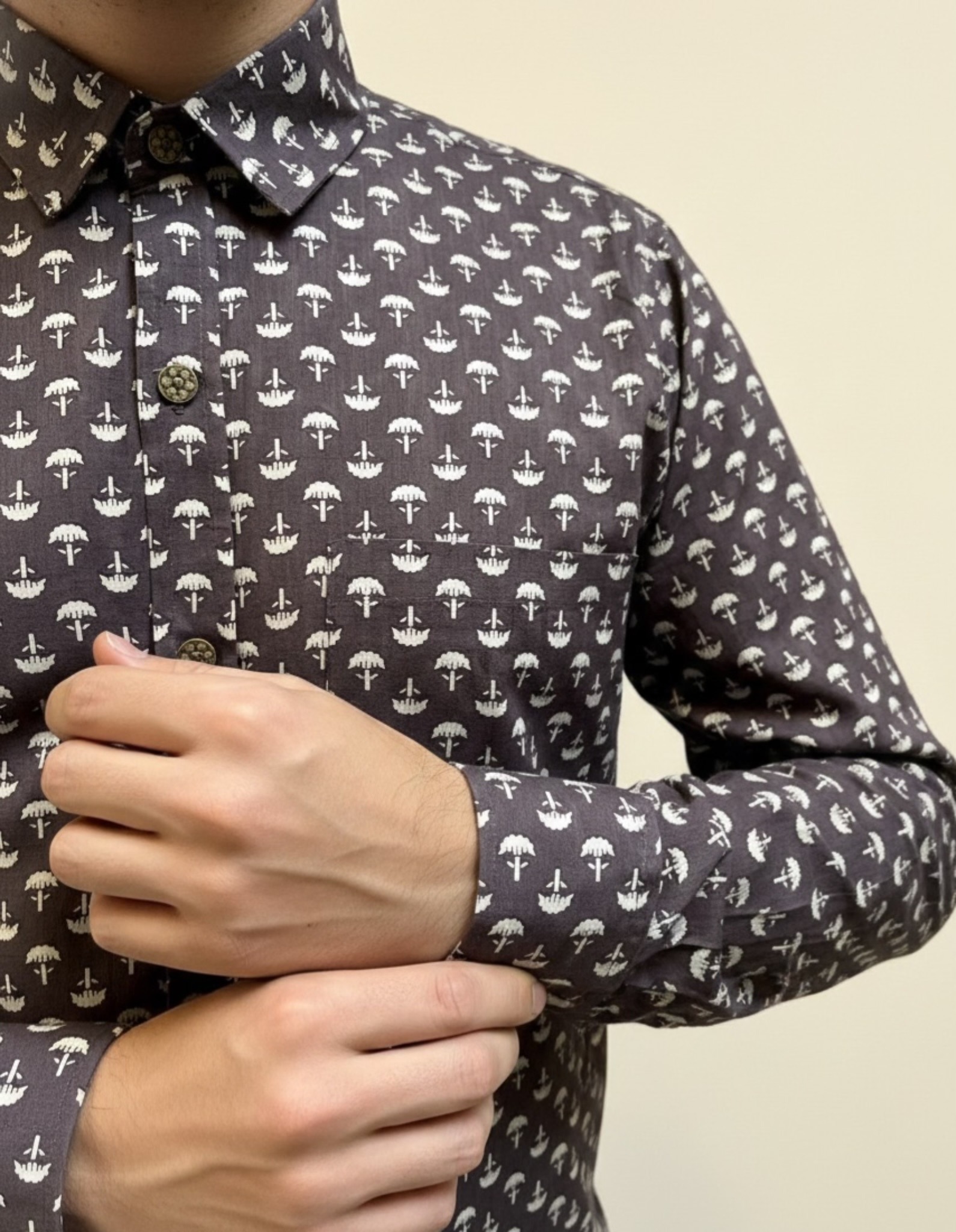 photo-output Man Shirt Brown Full Sleeves White Tree Print - Image 2