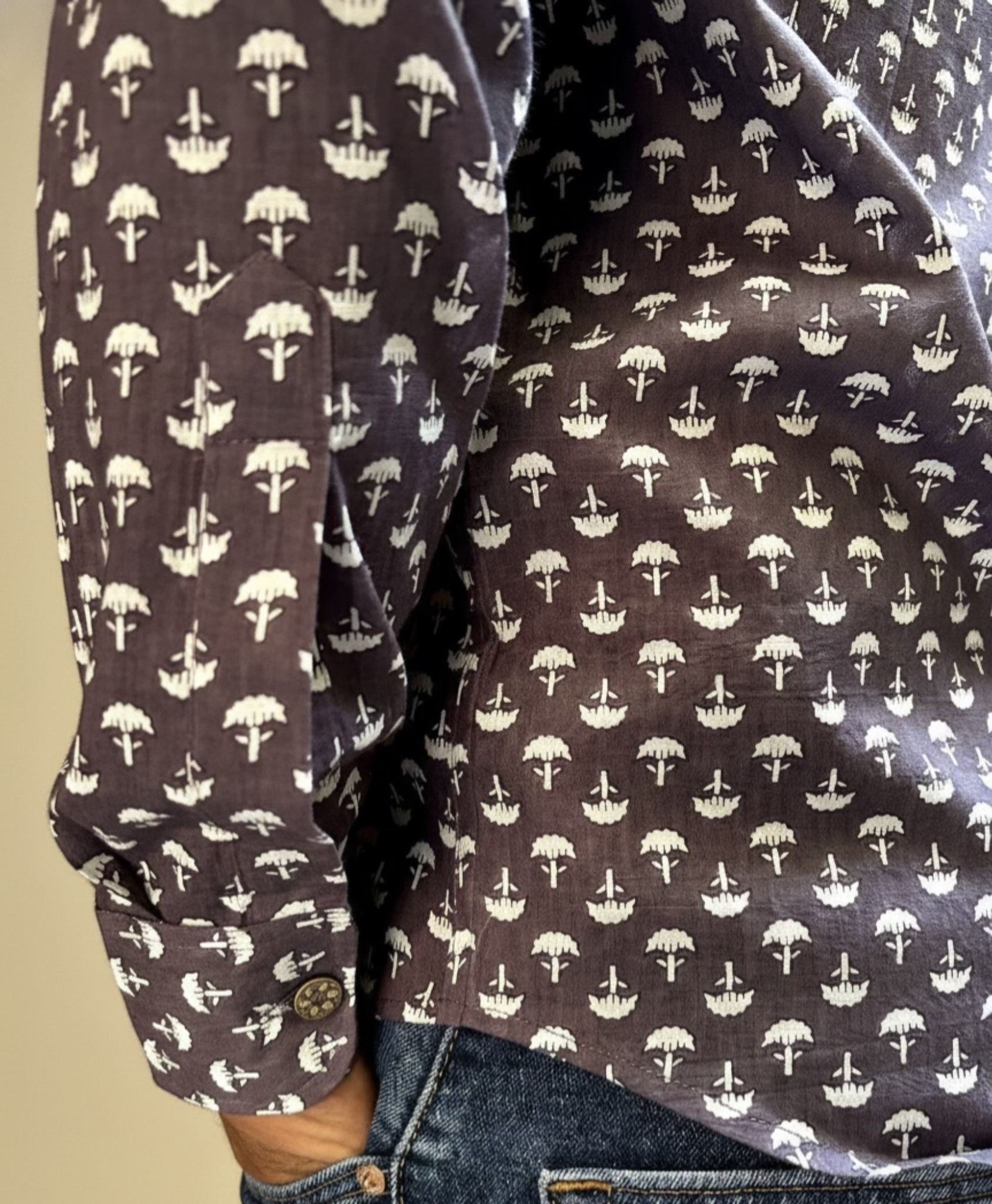 photo-output Man Shirt Brown Full Sleeves White Tree Print - Image 3