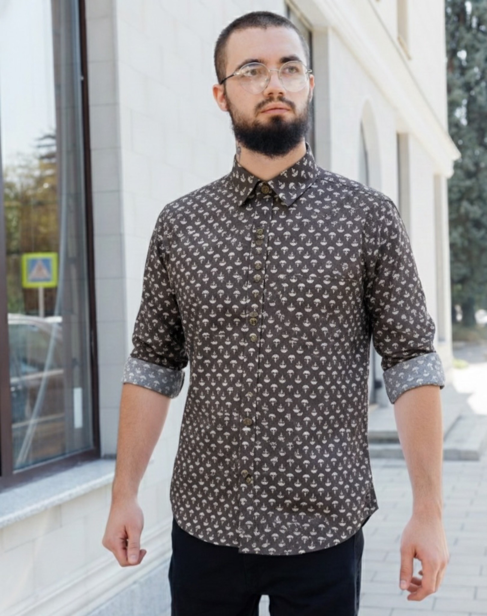 photo-output Man Shirt Brown Full Sleeves White Tree Print