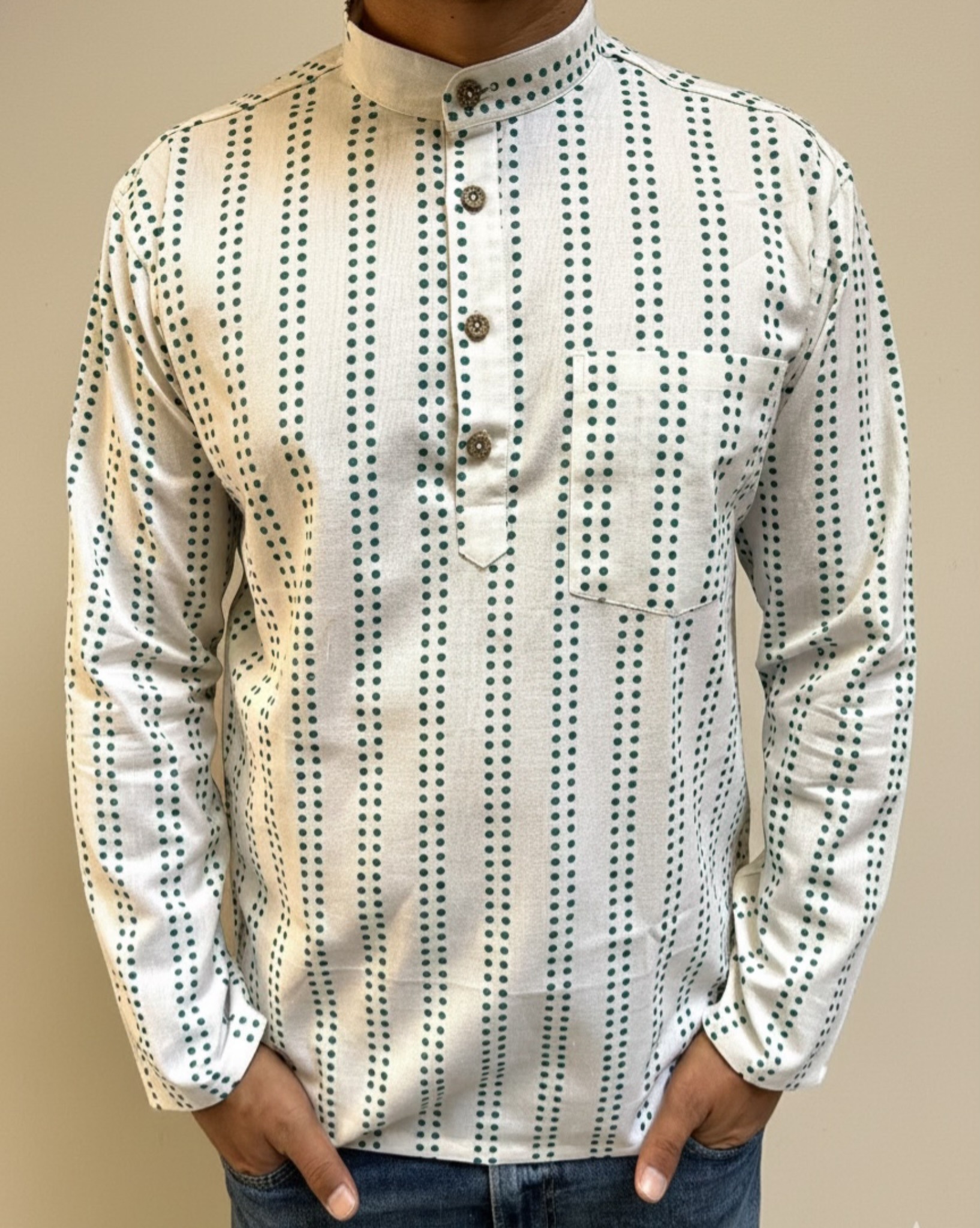 photo-output Man Shirt Off White Mandarin Collar Green Dots Print - Image 2