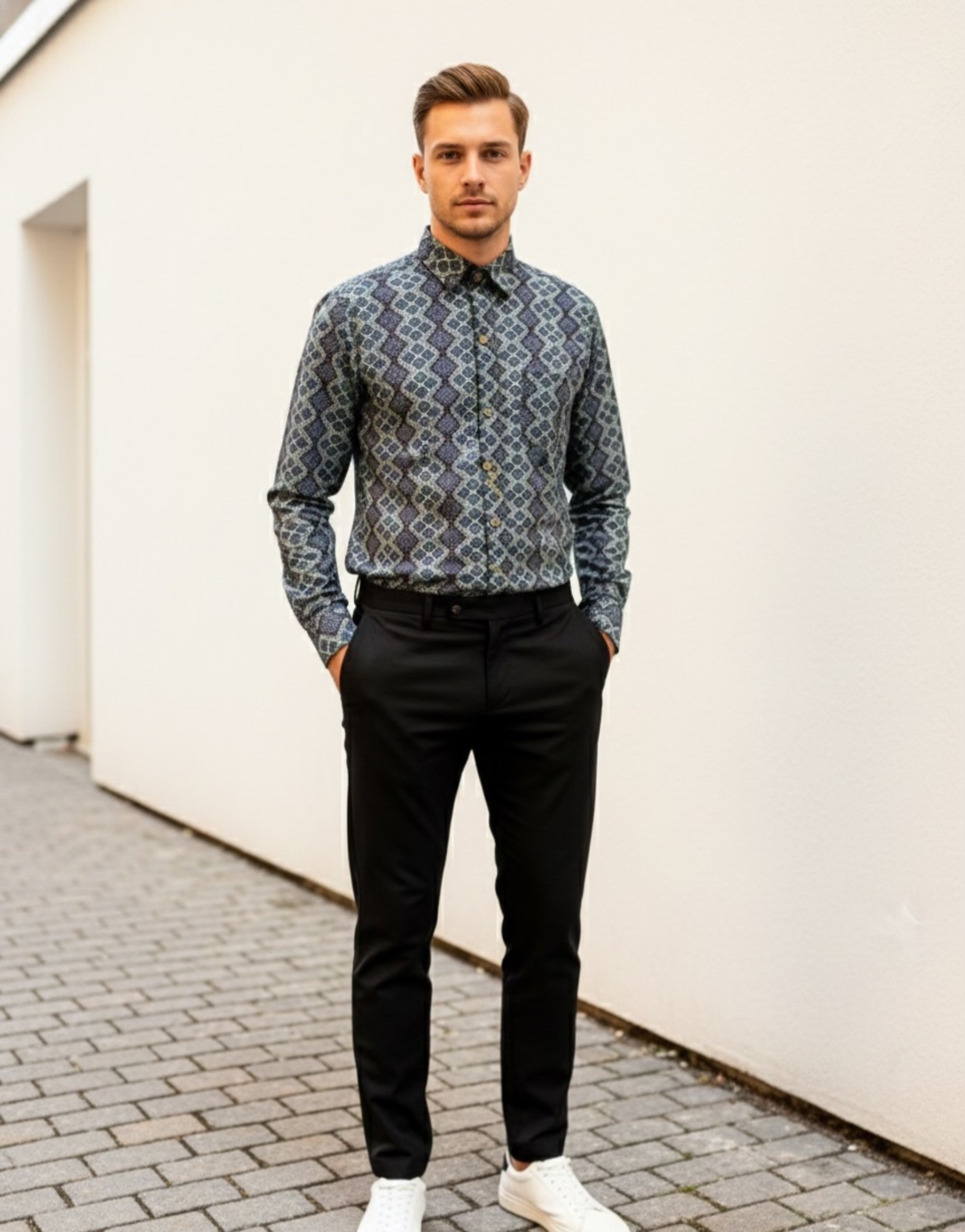 photo-output Man Shirt Blue Green Full Sleeves Diamond Print